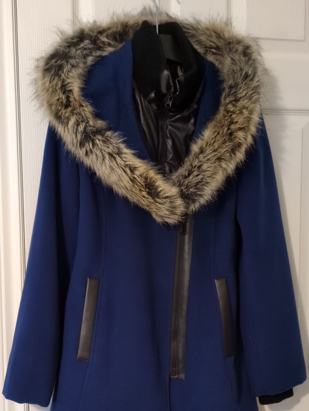 Faux-Fur Trim Royal Blue Hooded Pea Coat with Leather-Look Accents